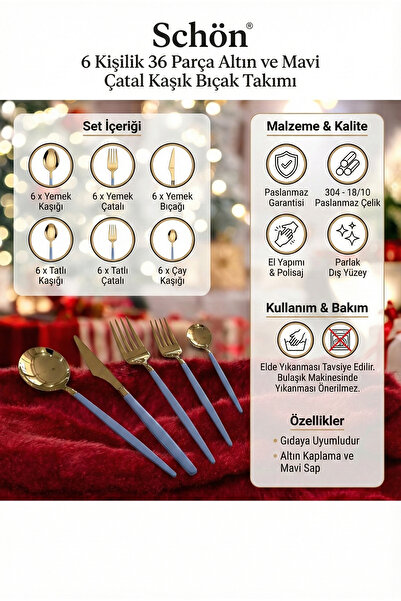 GUNES ZUCCACIYE Schön Main Model Gold Blue 36 Piece Stainless Steel Spoon For...