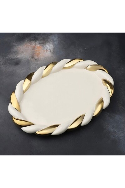 city gold Porselen Burgulu Gold Ve Krem Oval Sunum & Servis Tabağı & Dekorati...