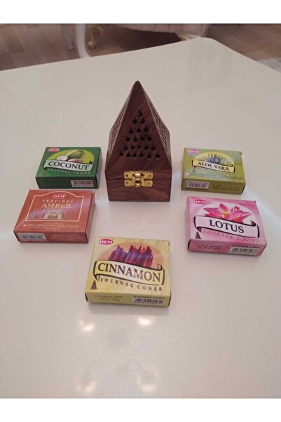 BUHANA HEDİYELİK Ahşap Konik Buhur Tütsü Yakma Kutusu Ve 5 Li Konik Buhur Seti