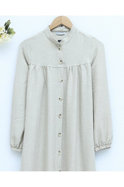 Modamorfo Hakim Collar Buttoned Linen Tunic - Beige