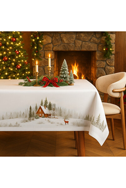 Lenjerii Deosebite Fata de masa Craciun cu cabana si peisaj de iarna, bumbac 100% 140x220cm, Glow