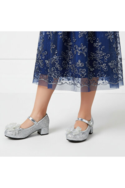 PATİK BEBE Pantofi cu toc pentru fete, cu toc mic, culoare argintie, cu fundă...