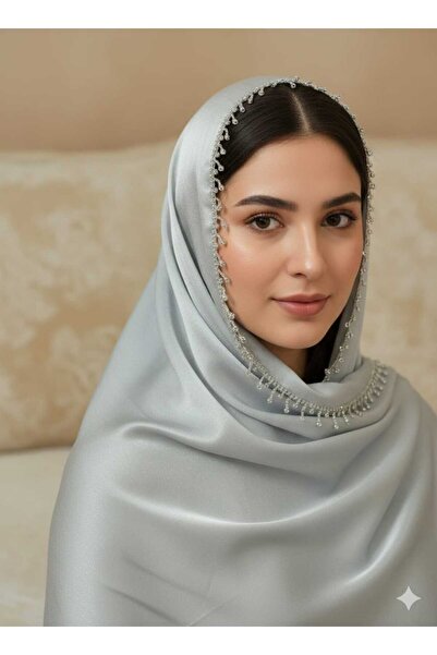 ALLURİNG TASARIM ABİYE ŞAL ETRAFI ŞERİT TAŞLI GÜMÜŞ