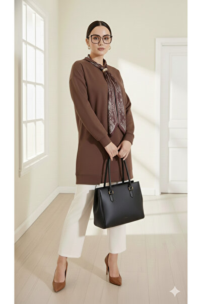 Curly Brown Modal Fabric Tunic with Scarf Collar