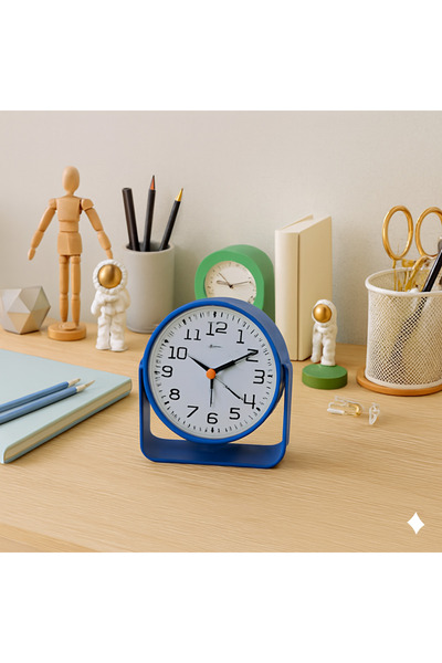 Livava Döner Standlı Küçük Metal Masa Saati, Alarmlı ve Işıklı, Lacivert, 13x...