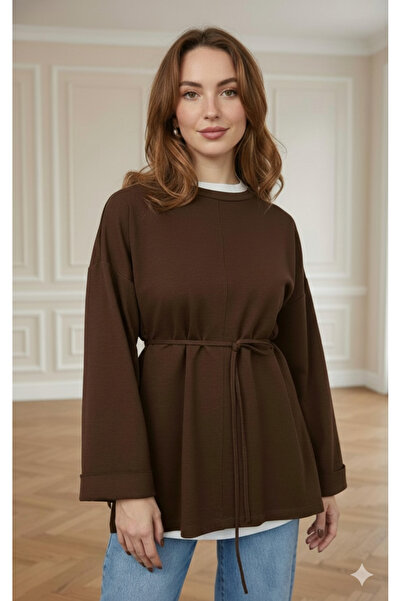 Curly Brown Modal Fabric Tunic with Lace at the Waist