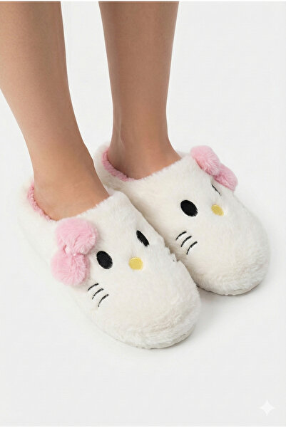 StWenn Hello Figured Ribbon Detailed Fluffy Animal Figured Slippers Women's Home Slippers