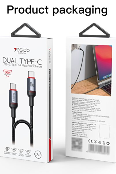 Yesido CA181 1.2M PD 60W Fast Charging Type-C to Type-C Braided Data Cable with Power LED