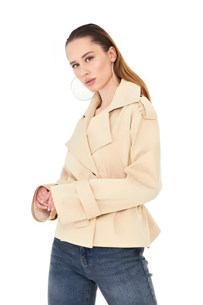 LA PANTE Kadın Trençkot Kısa Kadın Trençkot Bej Astarlı Tesettür Kaban Trençk...