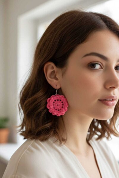 Tokuşka Crochet Örme Pembe Çiçek Küpe