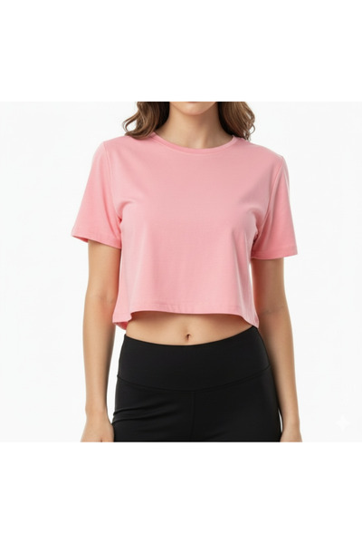 bumerangspor Women's Fitness Crew Neck Basic Short Sleeve Crop T-Shirt - Pink