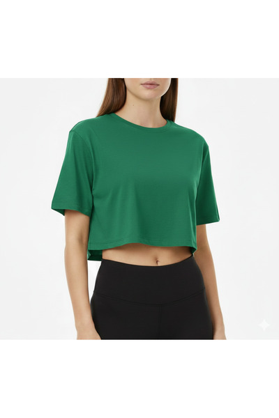 bumerangspor Women's Fitness Crew Neck Basic Short Sleeve Crop T-Shirt - Green