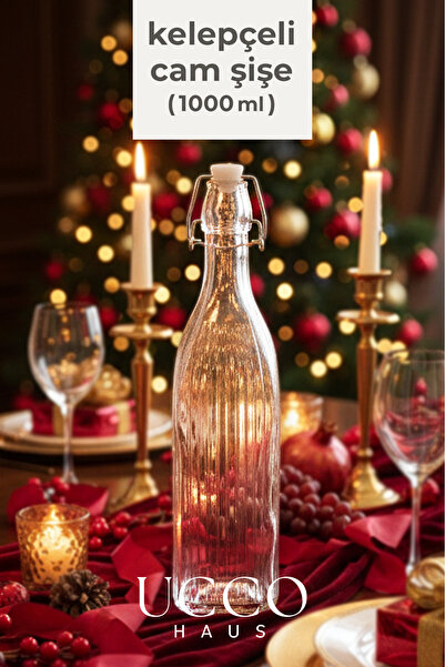 UCCO Kelepçeli Çizgili 1000 ml Cam Şişe – Sızdırmaz Şık Modern Sürahi Yağdanl...