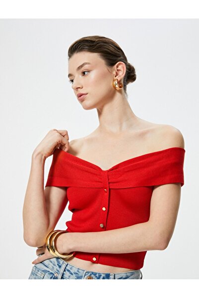 Koton Ribbed Off-the-Shoulder Short Sleeve Buttoned