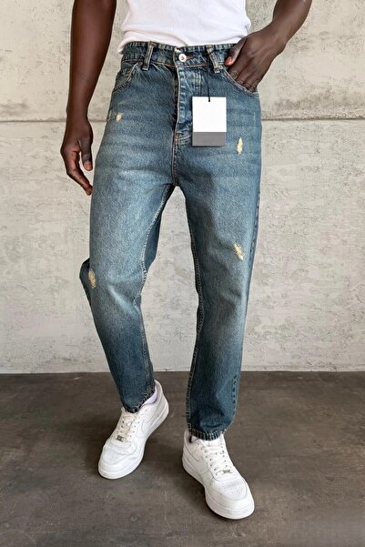 MADZEYMODA Ανδρικό τζιν παντελόνι Boyfriend με σχισμένη λεπτομέρεια μπλε τζιν KE-969