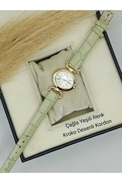 Essole Retro Vintage Model Gold Kasa Çağla Yeşili Renk Kordonlu Minimal Kadın Kol Saati bb0057