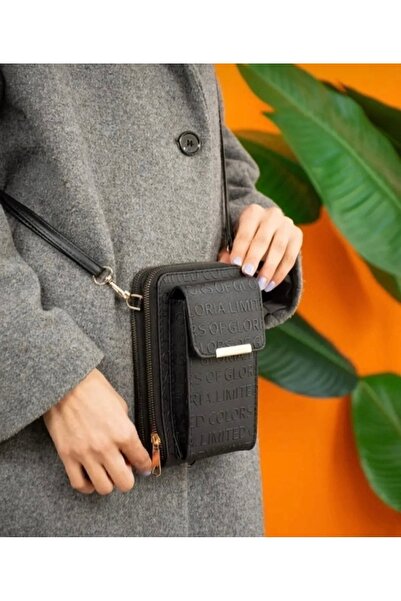 selma demir Castel Kadın Siyah Çapraz Askılı Telefon Bölmeli Cüzdan Çanta