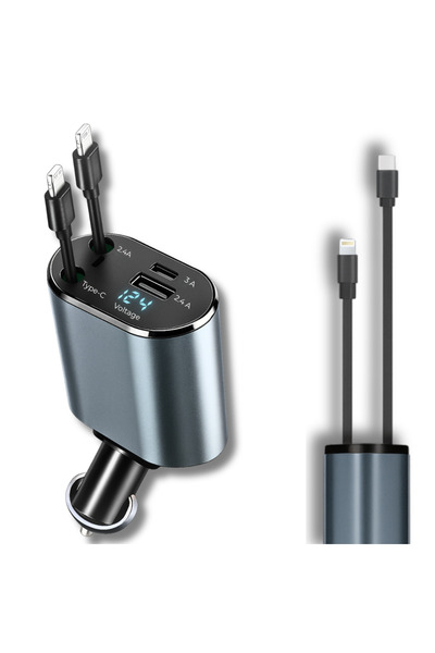 OEM Incarcator Auto Fast Charging 4 in 1, 120W Power Delivery, Cablu Retractabil Type-C & Lightning