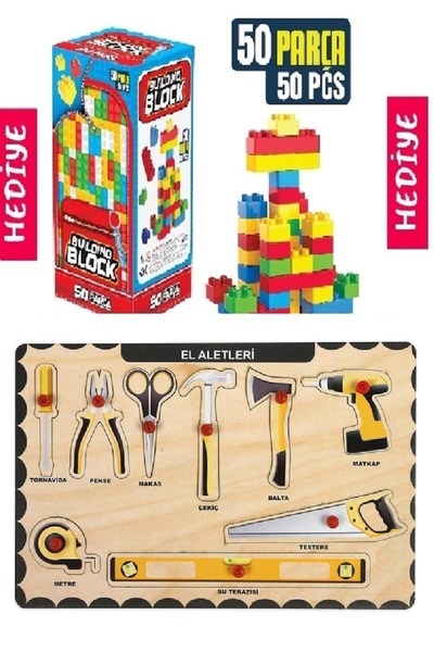 Anıt Maket Maketçiniz Ahşap Tutmalı Eğitici Yapboz El Aletleri+Hediye 50 Parça Yapı Blok Seti Yapı Oyuncakları