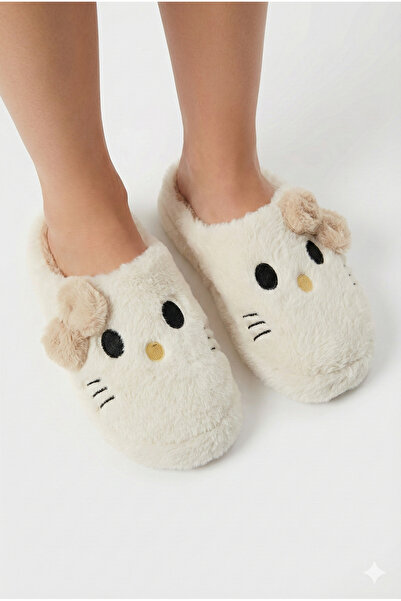 StWenn Hello Figured Ribbon Detailed Fluffy Animal Figured Slippers Women's Home Slippers