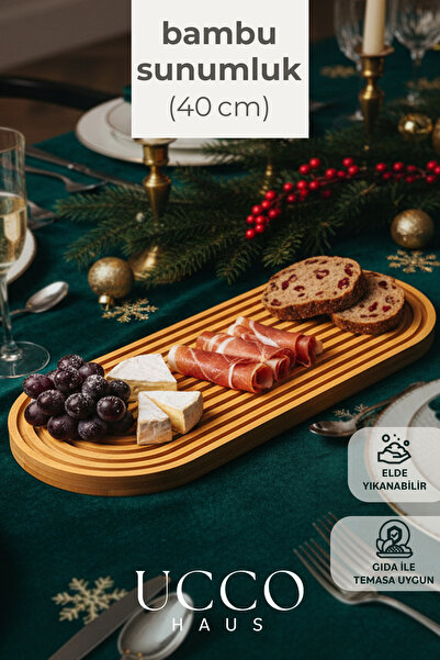 UCCO Doğal Bambu Sunumluk - 40x16x1,5cm– Kahve, Tatlı & Peynir Sunumluk Oval Oluklu Servis Tabağı