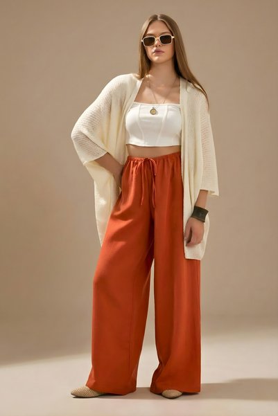 LA PANTE Women's Trousers Loose Fit Elastic Lace-Up Trousers Wide Leg Muslin Loose Trousers Tile