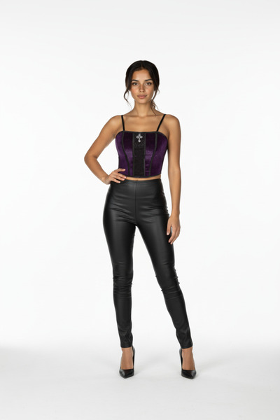 Mournbelle Gotik Ayarlanabilir Askılı Kadife Mor Crop Bluz