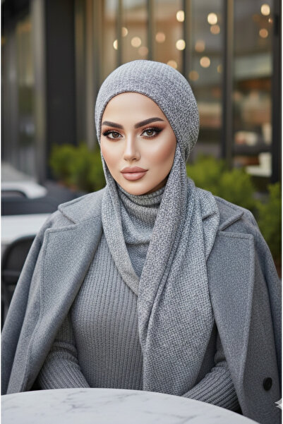 Aişe tesettür Gri Beyaz Desenli Kışlık Kelebek Bone Şal