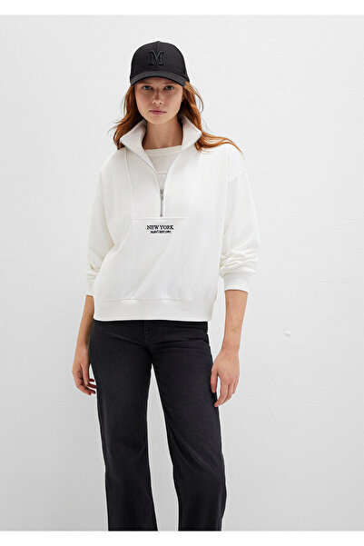 Mavi Semi-Zipper Back Printed Ecru Sweatshirt 1S10502-70057