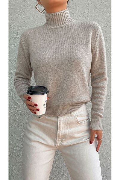 Miss Poem Pulover tricotat lung, bej, cu gât înalt pentru femei supradimensionat