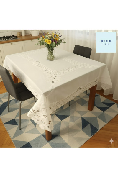 Blue Home مفرش طاولة مطبخ من القماش الزيتي PVC بمظهر دانتيل كريمي على شكل زهرة مقاس 120 × 150 سم