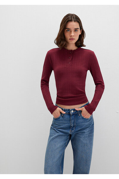 Mavi Button Detailed Burgundy T-Shirt Fitted / Bodycon Cut 1613374-70427