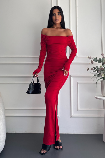 MILANOFOX Piros, hasított, hosszú ujjú, ujjal összekötő Sandy Madonna ruha – Stílusos és elegáns estélyi ruha modell