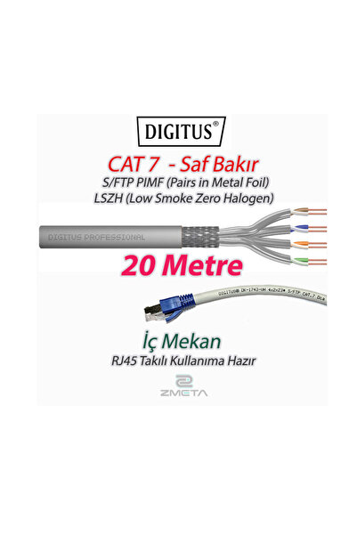 Digitus Cat7 - 20 Metre Saf Bakır S/ftp Pımf (Pairs In Metal Foil) Data Kablosu Gri Kullanıma Hazır
