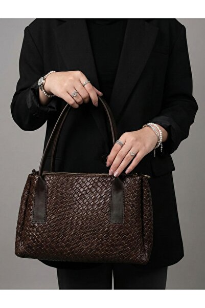 themoiss حقيبة يد نسائية منسوجة بنسيج محبوك بلون القهوة المر