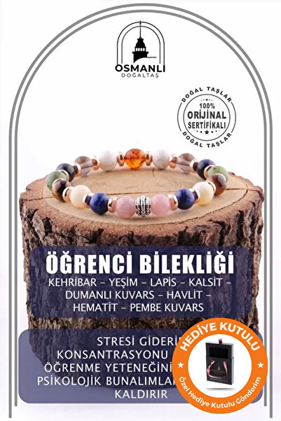 OSMANLI DOĞAL TAŞ Orijinal & Sertifikalı Öğrenci Bilekliği - Hafıza Konsantrasyon Nazar Başarı Doğal Taş Bileklik 8 mm
