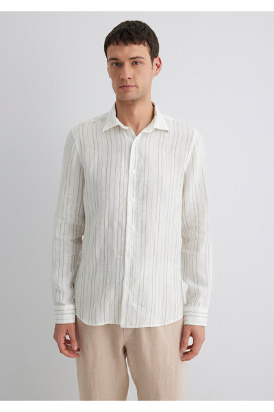 Mavi Πουκάμισο από λινό με πράσινες ρίγες εκρού Regular Fit / Κανονική εφαρμογή 0211525-71481