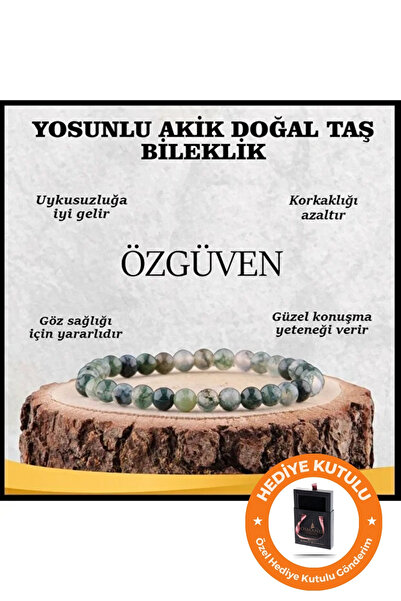 OSMANLI DOĞAL TAŞ Orijinal & Sertifikalı Yosunlu Akik Doğal Taş Kutulu & El Yapımı Özgüven Doğal Taş Bileklik 6 mm