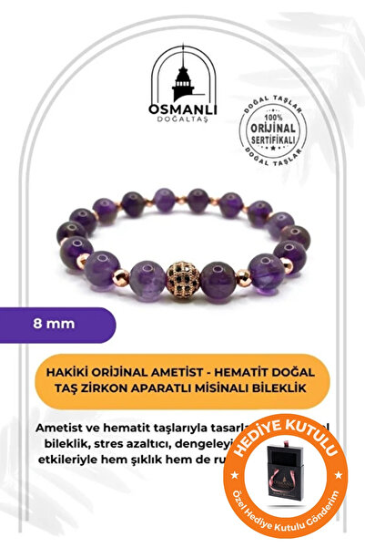 OSMANLI DOĞAL TAŞ Orijinal & Sertifikalı Ametist Hematit Doğal Taş Kutulu & El Yapımı Yılbaşı Hediyesi Bileklik 8 mm