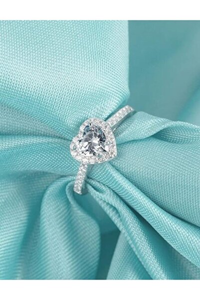 CAXBERN Gümüş Zirkon Taşlı Kalp Model Ayarlanabilir Yüzük