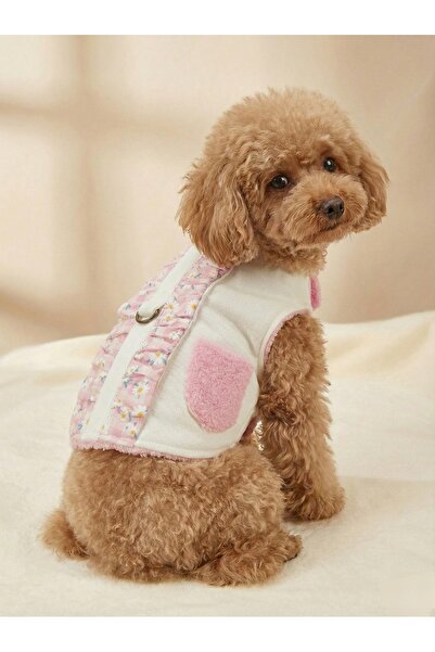 Pembe Peluş Astarlı Beyaz Kot Kedi & Köpek Tasması & Yeleği | Çiçekli Fırfırlı Üst Kalite
