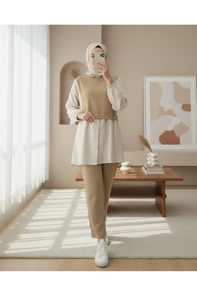 Modamorfo Combed Cotton Suit with Elastic Sleeves and Striped Shirt Detail - Mink