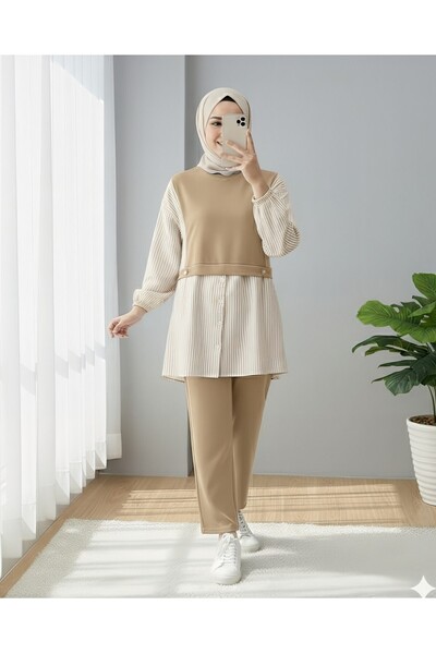 Modamorfo Combed Cotton Suit with Elastic Sleeves and Striped Shirt Detail - Mink