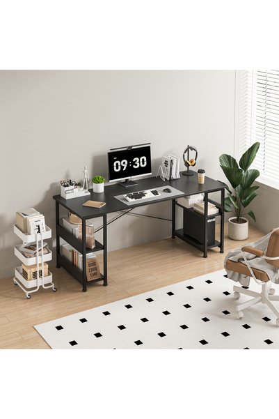 DASEN مكتب ألعاب ومكتب من ألياف الكربون مقاس 150×55×75 سم مع أرفف وحامل وحدة المعالجة المركزية - أسود