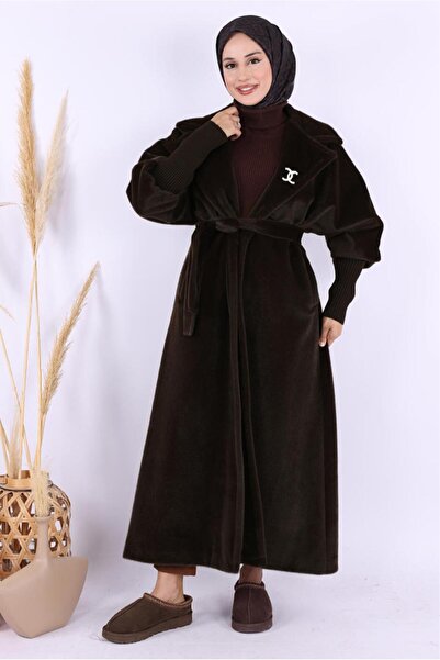 TRENDTESETTÜR KADIN KAHVE KUŞAKLI PELUŞ KABAN T 3297