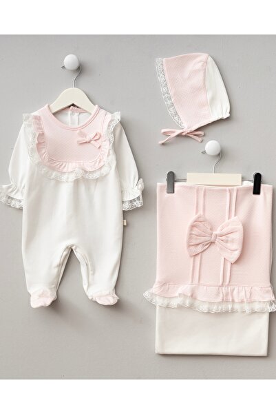 Mert Baby Bella 3'lü Organik Hastane Çıkış Seti Fiyonk Detaylı %100 Pamuk Yen...