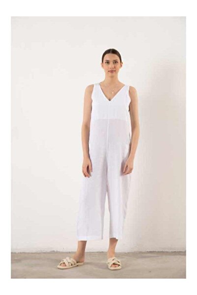 İpekçi Otantik Pure Linen V-Neck Women's Jumpsuit White