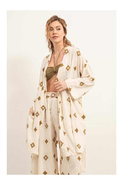 İpekçi Otantik | %100 Pamuk | Kuşaklı | Bordür Işlemeli | Kimono | Krem-haki