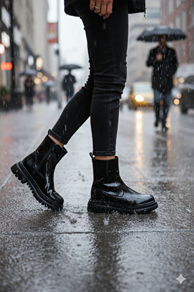 Deniz Terlik Cizme de damă din piele lacuită, cu talpă groasă, cu fermoar, în...