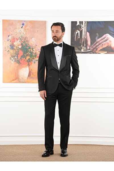 PAREZ Erkek Smokin Damatlık İtalyan Stil Şal Yaka Ceket Pantolon Papyon-Siyah